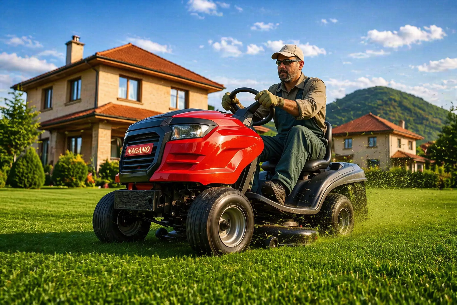 Corte de grama em dia ensolarado