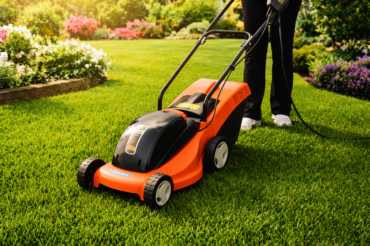 Corte de grama em jardim ensolarado